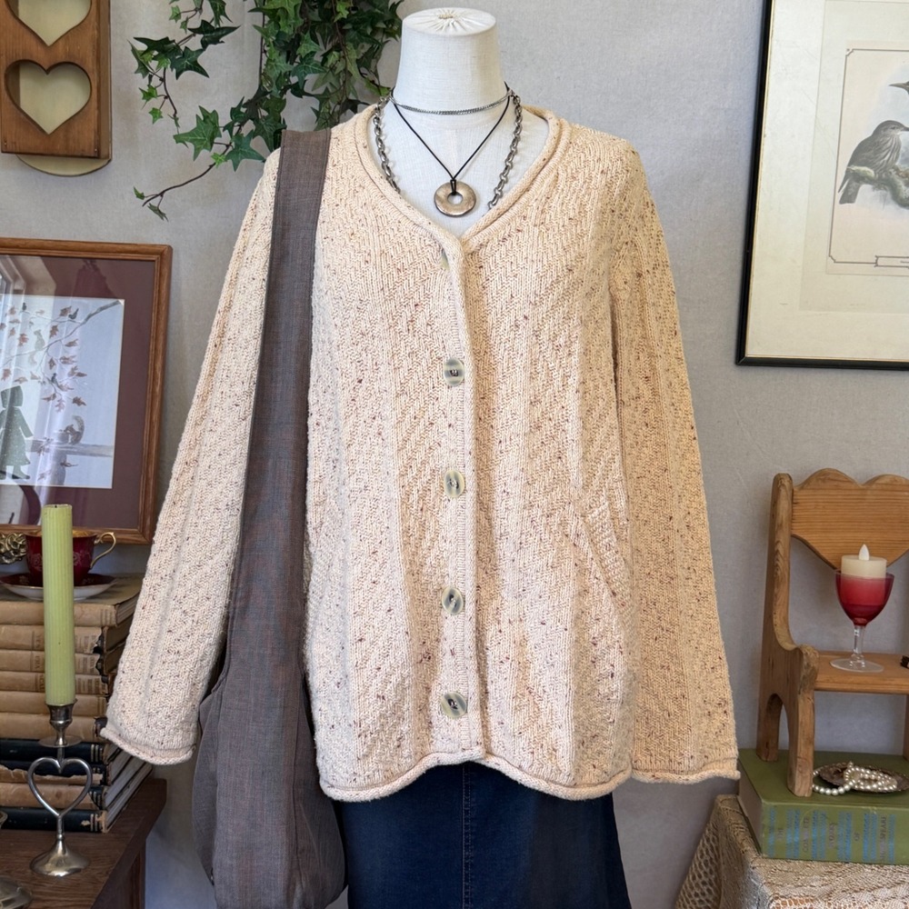 Tan Speckled Cotton Blend Cardigan Oversized Boho Granola L Grandma Grunge